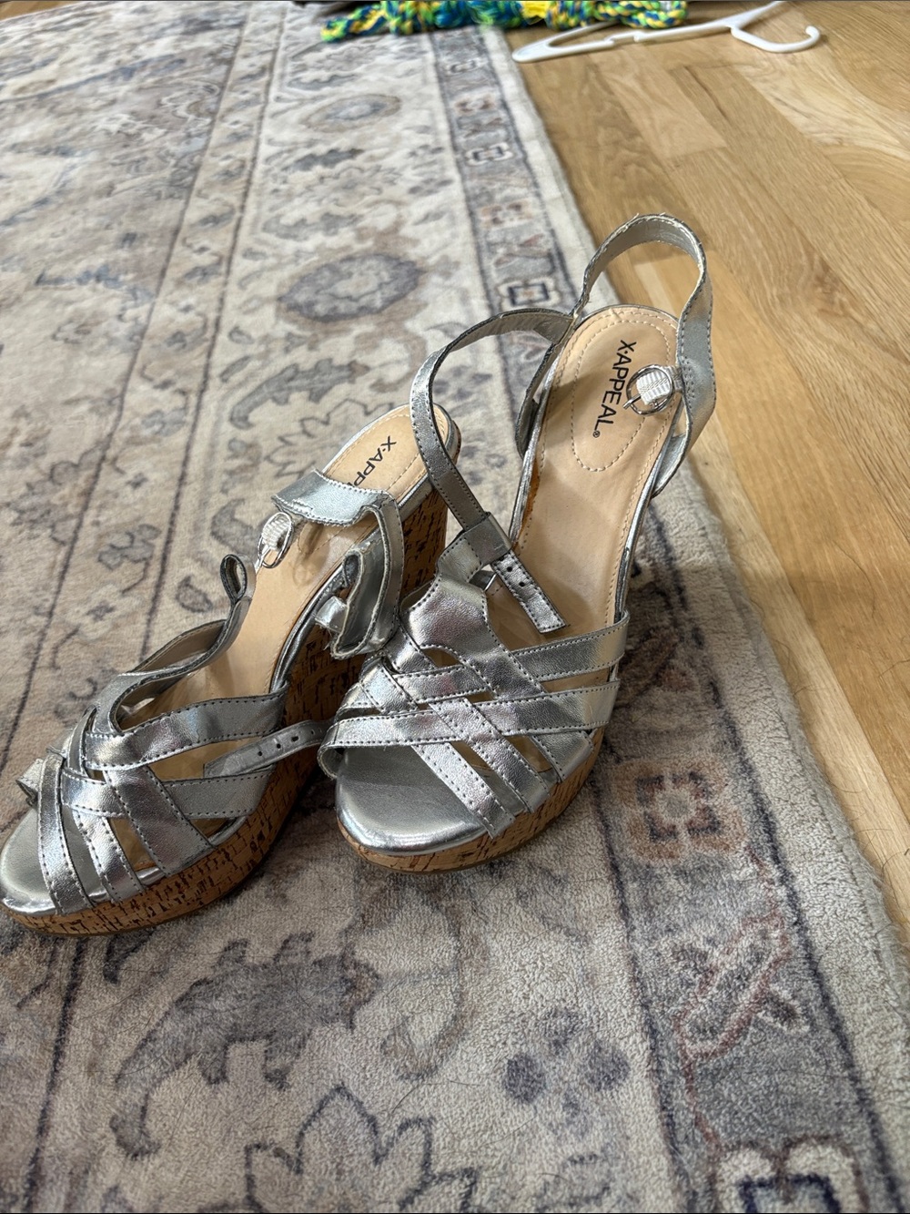Xappeal Metallic Silver Cork Wedge Sandals